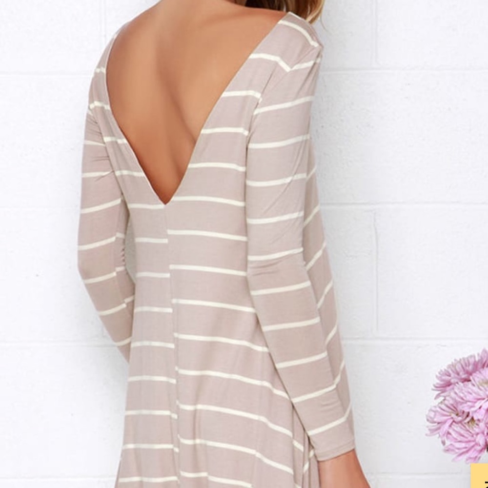 LuLus Swing Along Ivory & Taupe Striped Long Sleeve Dress